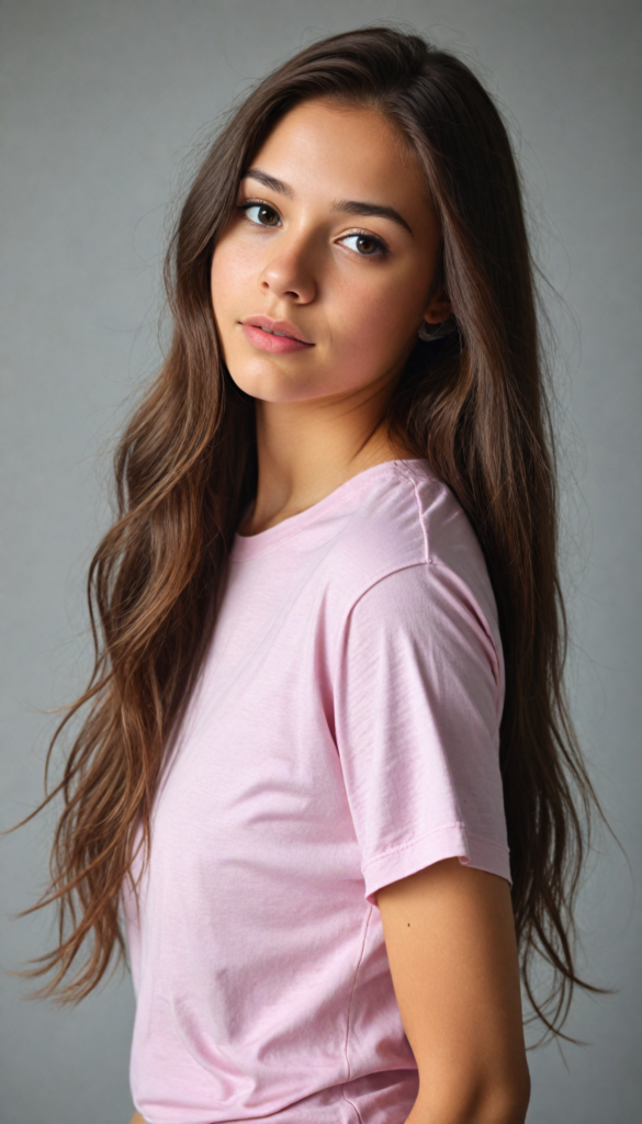 an attractive (teen girlie) dressed in a sleek, (short-cropped light pink t-shirt), with flowing, long tresses cascading down her back, captured in a (vividly realistic photo). Her features are softly highlighted by the dimly lit room