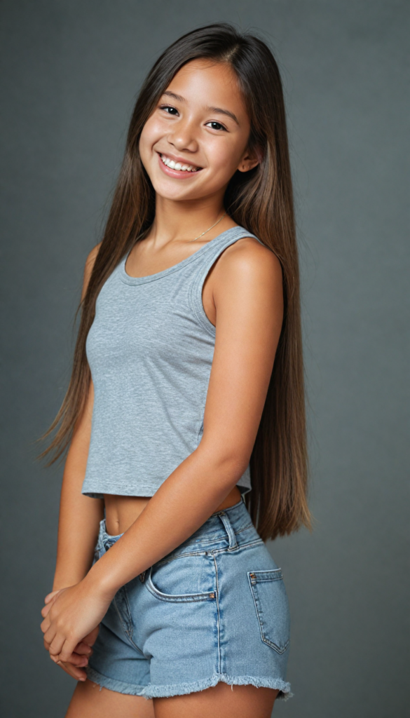 portrait of a cute young girl, wears a grey crop top, smile, long straight hair, perfect curved body, grey short shorts, side view