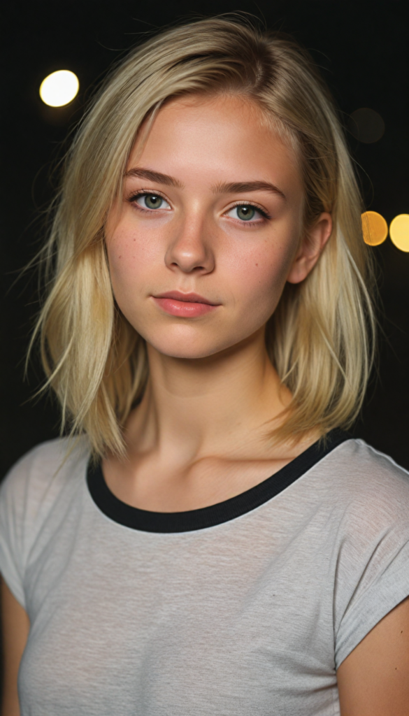 a beautiful (teen girl) with blonde hair, styled in a sleek, short-cropped top, (vividly realistic photo), set against a dimly lit environment that softly highlights her features