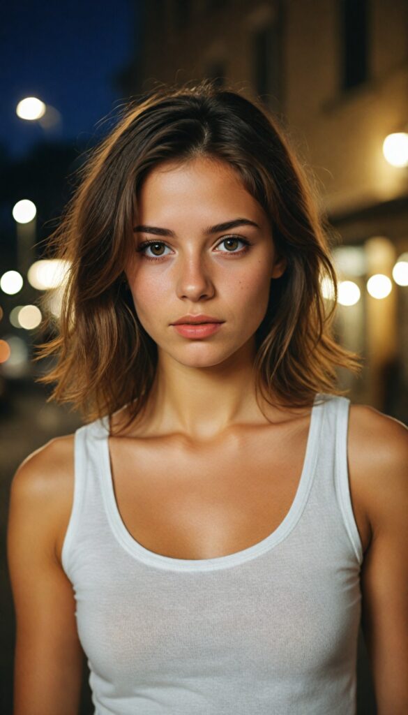 a very detailed and realistic portrait of a (cute teen girl), (long yet straight cooper-brown hair)), (realistic detailed (brown eyes), (full kissable lips), (realistic detailed, light amber eyes), (face illuminated), wearing a very low cut ((white tank top made on fine wool)), perfect curved fit body