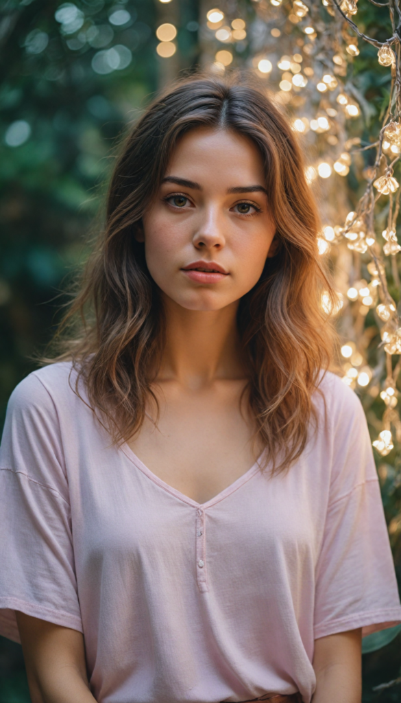 an enchanting youthful girl adorned in a chic, (short-cropped light pink tee) that subtly glimmers, her long, cascading hair resembling a waterfall of silk reflecting gentle hues, posed gracefully in a (whimsical, ethereal setting), with soft, glowing fairy lights illuminating her delicate features, enhanced by shadows that dance around her in the dimly lit room, creating a blend of realism and dreamlike fantasy reminiscent of a mix between a contemporary portrait and impressionist painting.