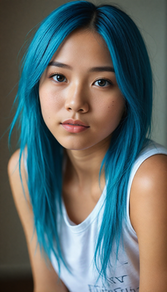 super realistic, detailed portrait, a beautiful young Asian girl with long blue soft detailed hair looks sweetly into the camera. She wears a white tank top