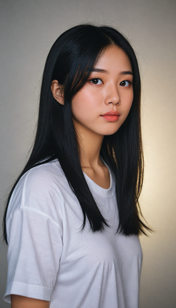 a (((stunningly elegant and cute long, straight obsidian black hair))) Japanese (((teen girl))) with a (((realistically detailed angelic round face))) and (((realistically detailed hazelnut eyes))) looking pensively at the camera in a (((perfectly drawn portrait shot))) against a (((flawlessly detailed, realistic skin color))) backdrop, wearing a (super short, tight ((white t-shirt))), her flawless form elegantly framed by a side perspective, without any (background details)