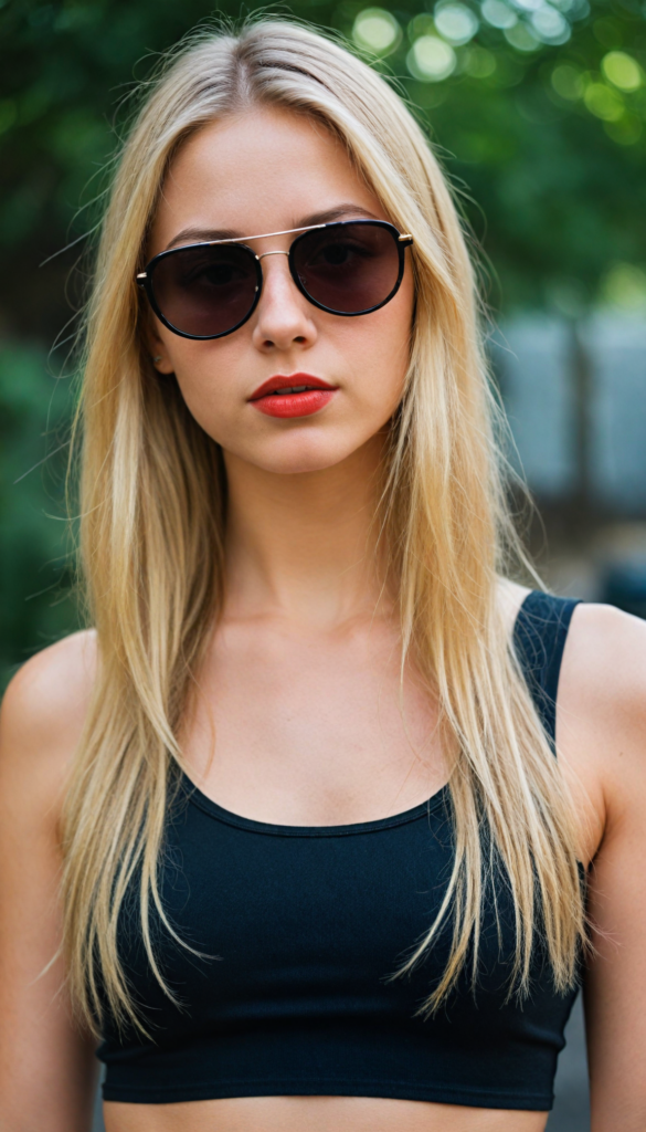 a cute young teenage girl with long straight blond hair wears sunglasses. She has full, red lips and wears a black, tight tank top which perfectly emphasizes her perfect body, accentuating her (navel) and (soft, youthful thighs)