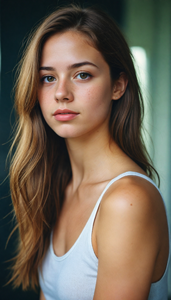 a very detailed and realistic portrait of a (cute teen girl), (long yet straight (cooper-brown hair), (realistic detailed (brown eyes), (full kissable lips), (realistic detailed, light amber eyes), (face illuminated), (wearing a very low cut (white tank top) made on fine wool), perfect curved fit body