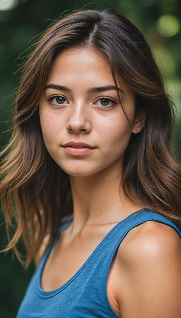 visualize a (tomboy teen girl) with long, (realistically detailed hair), posed in a (cinematic light setup) for a portrait shot, her face radiant with joy, featuring a (flawlessly detailed round face), a (short form-fitting cropped plain tank top), which beautifully showcases her perfect physique, with (realistic details), such as a (curvy yet toned silhouette), all against an (empty, high-key backdrop)