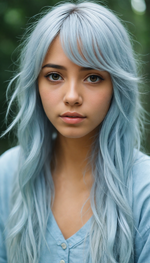 a whimsically illustrated brown-skinned teen emo girl, with cascading, gently undulating straight white hair framing her face, accentuated by a subtle cascade of side bangs. Her complexion glows with an ethereal light blue hue, embodying a haunting beauty that evokes a bittersweet sense of melancholy and introspection. Surrounding her is a dreamy, misty backdrop of soft grey, interspersed with delicate, ethereal swirls of muted pastel colors, creating a serene yet poignant atmosphere reminiscent of a twilight dreamscape. The scene captures the essence of emotional detachment, while inviting viewers to delve into the depths of her reflective demeanor, with intricate, whimsical details that evoke a sense of fragile beauty.