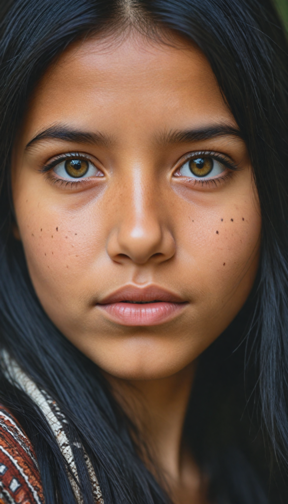 super realistic, 4k, detailed face, cute young Indigenous girl, long obsidian black straight soft hair, looks at the camera, portrait shot, super realistic amber eyes