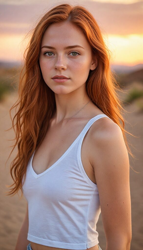 a detailed and realistic portrait from a young teenage girl with soft long red hair, detailed amber eyes, (wears a white super fine light pink cropped tank top with deep v-neck) that support her body, she has a perfect curved body, (against a backdrop with sandy desert and sunset)