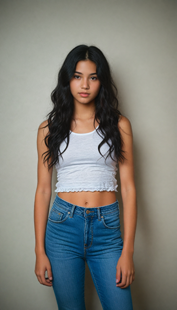 a (super realistic and highly detailed full-body photo), capturing a (beautiful and innocent young girl) with (very long, thick, wavy black hair), cropped tank top