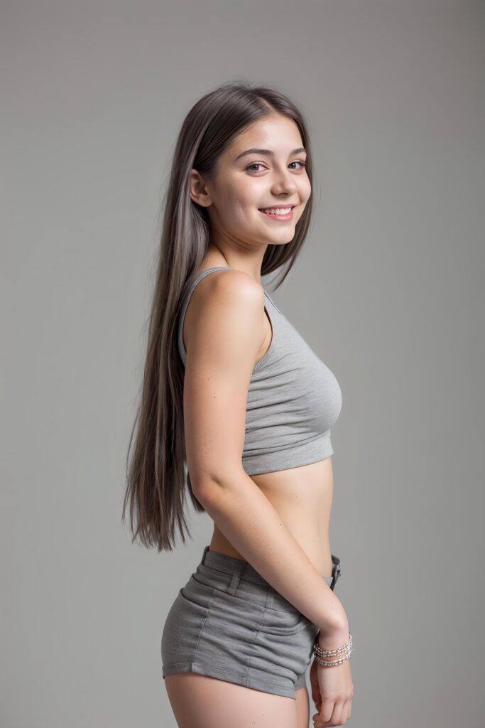 portrait of a cute young girl, wears a grey crop top, smile, long straight hair, perfect curved body, grey short shorts, side view