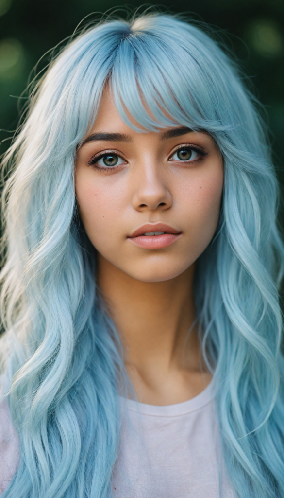 a whimsically illustrated brown-skinned teen emo girl, with cascading, gently undulating straight white hair framing her face, accentuated by a subtle cascade of side bangs. Her complexion glows with an ethereal light blue hue, embodying a haunting beauty that evokes a bittersweet sense of melancholy and introspection. Surrounding her is a dreamy, misty backdrop of soft grey, interspersed with delicate, ethereal swirls of muted pastel colors, creating a serene yet poignant atmosphere reminiscent of a twilight dreamscape. The scene captures the essence of emotional detachment, while inviting viewers to delve into the depths of her reflective demeanor, with intricate, whimsical details that evoke a sense of fragile beauty.