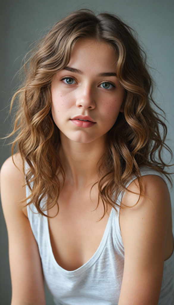 a (beautifully drawn full body portrait) of a (young teen girl with long, messy, straight hair), capturing a (stunningly realistic) curl pattern), advanced facial features that exude cuteness, like (baby-doll eyes), a cropped bang haircut that frames her face, hair color that mimics (hazelnut) tones, a detailed yet angelic complexion, looking directly into the camera, a (side profile portraits), with impeccably drawn curves and contours that match her figure, against a (softly contrasting white backdrop), a short, sleeveless top and super short, cuffed pants that accentuate her (flawless anatomical proportions)