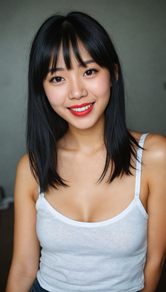 a (detailed and perfect portrait) of a (beautiful young cute Korean girl, warm smile, perfect body), round head and eyes, full red lips, with (very long, straight soft jet black hair), bangs cut, wearing a deep neckline cropped tank top