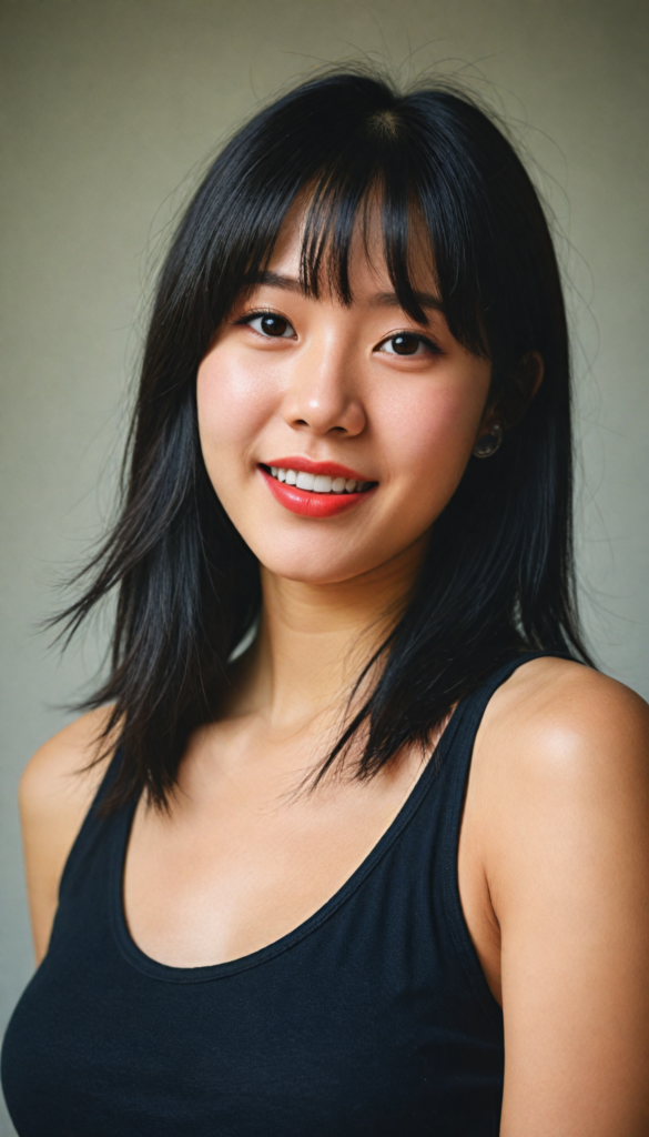 a (detailed and perfect portrait) of a (beautiful young cute Korean girl, warm smile, perfect body), round head and eyes, full red lips, with (very long, straight soft jet black hair), bangs cut, wearing a deep neckline cropped tank top