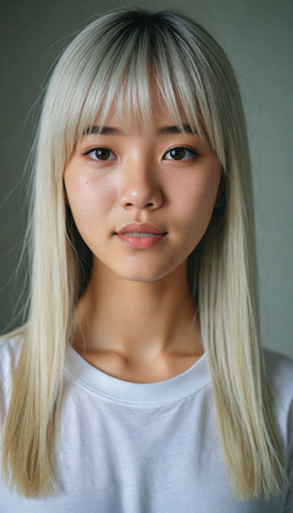 (portrait), detailed, (Asian young cute girl), long straight platinum hair, bangs cut, white t-shirt