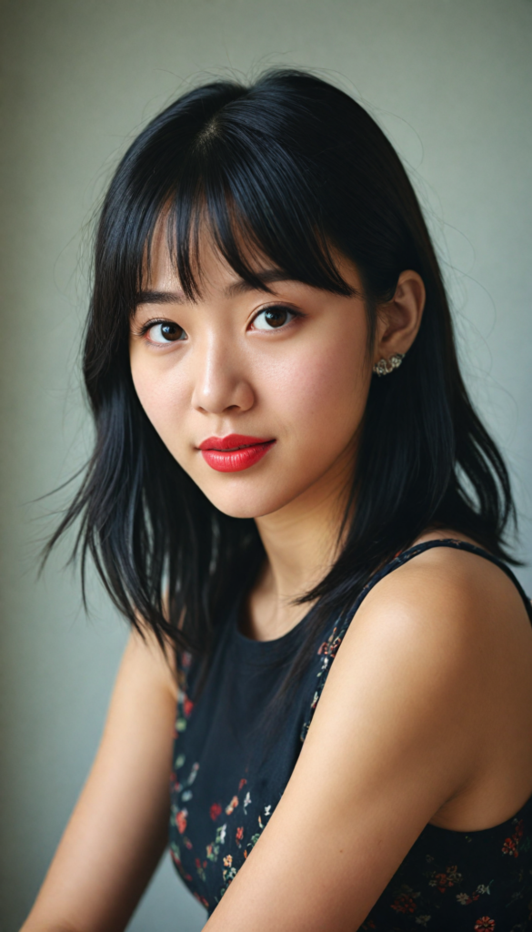 a (detailed and perfect portrait) of a (beautiful young cute Korean girl, warm smile, perfect body), round head and eyes, full red lips, with (very long, straight soft jet black hair), bangs cut, wearing a deep neckline cropped tank top