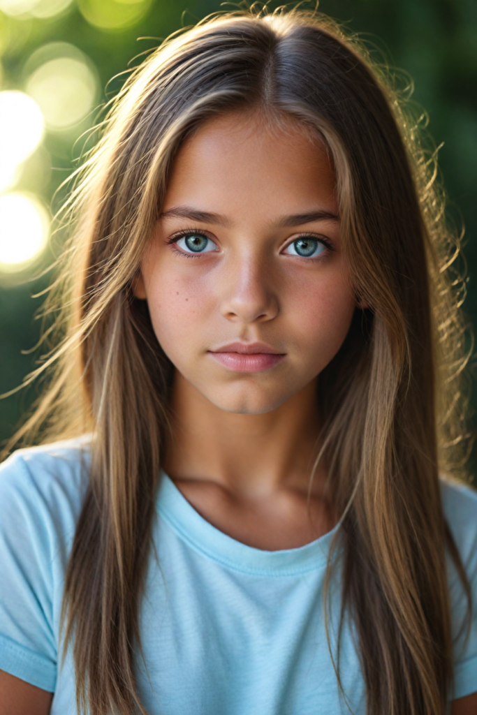 a (detailed portrait) from a tanned (young innocent girl), round, angelic face, flawless soft skin, long soft straight light brown hair, white t-shirt, light blue eyes, (full kissable lips)