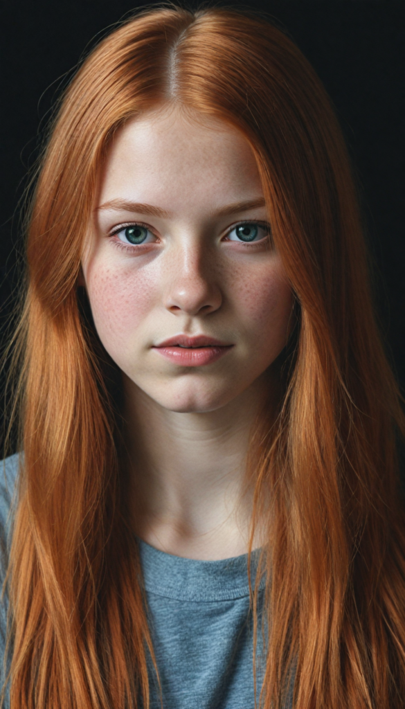 (portrait), detailed pencil drawing, silvery-skinned (young teen girl), long straight red hair (black background)