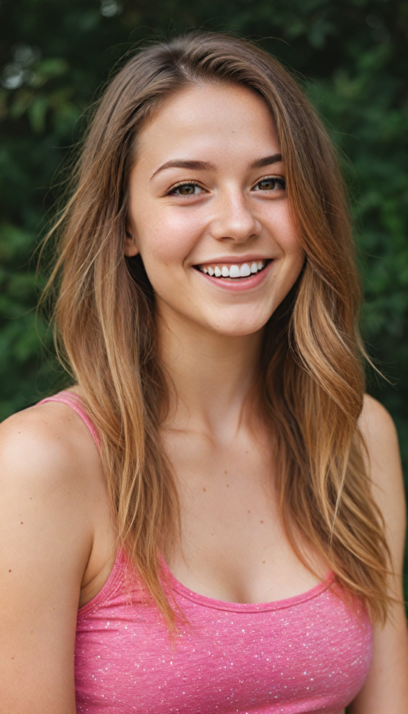 a upper body portrait from a (teen girl) with a joyful and sunny smile, wearing a sleek and fitted short crop pink tank top that showcases her perfect, curves, captured in a (flawless portrait), with long, flowing, straight hazelnut hair cascading down