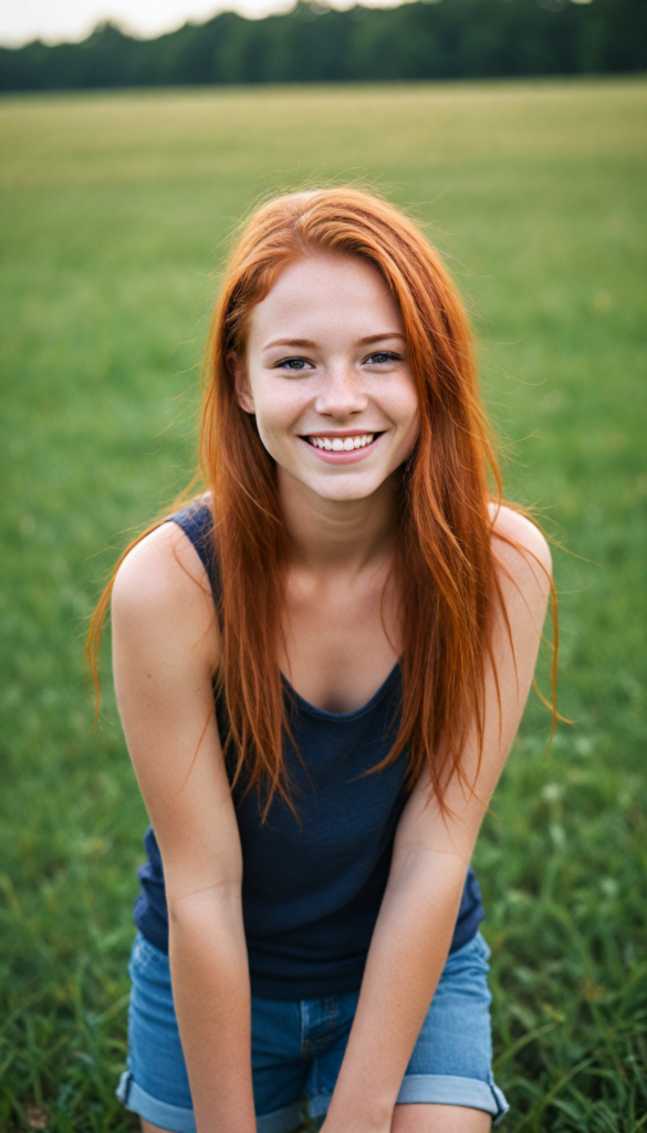 a (cute little red-haired teen girl), straight long hair, smile very happy, stands confidently in a field, she wears a thin tank top, perfect body (perfect portrait)