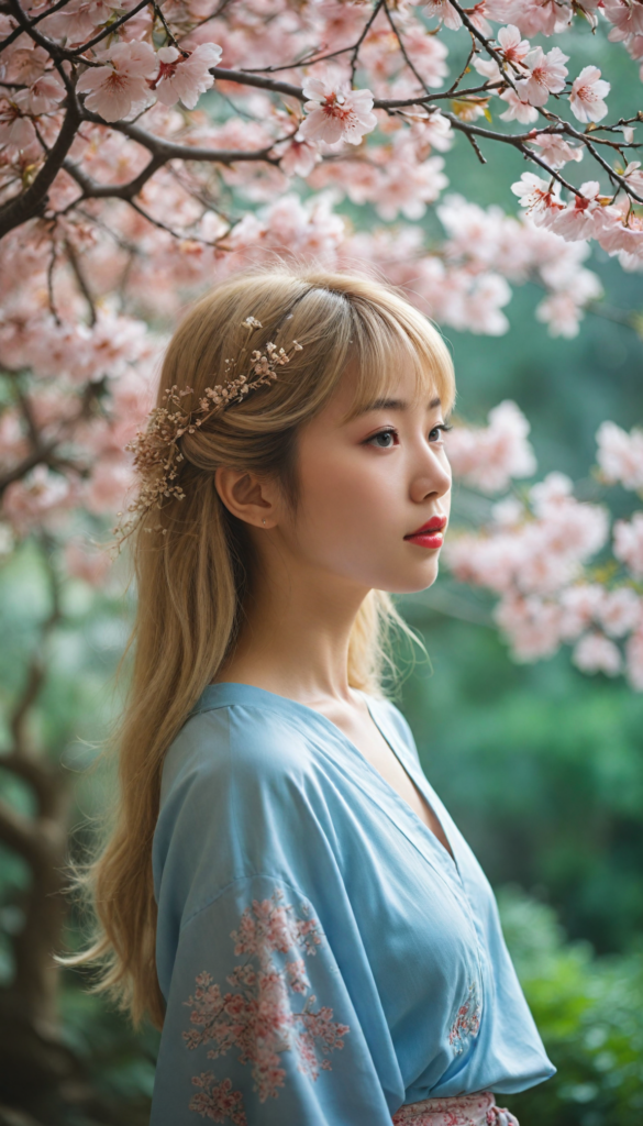 create a stunning and intricate side view portrait of a Japanese girl with flowing, silky blonde hair that cascades down her back. Her straight locks frame her round face, accented by delicate bangs. She gazes in astonishment, her light blue eyes wide and sparkling, with a hint of mischief, while her full red lips are slightly parted in surprise. Bathed in soft, ethereal light, the scene captures perfect shadows that play across her features, enhancing her natural beauty. She wears a black, softly draped t-shirt, adding a contemporary and elegant touch. In the background, a watercolor wash of pastel colors subtly blurs, echoing the serenity of a Japanese garden, with hints of cherry blossoms and vibrant greenery. The overall ambiance evokes a dreamy, whimsical atmosphere reminiscent of the works of Yoshitaka Amano, blended with the fluidity of Art Nouveau