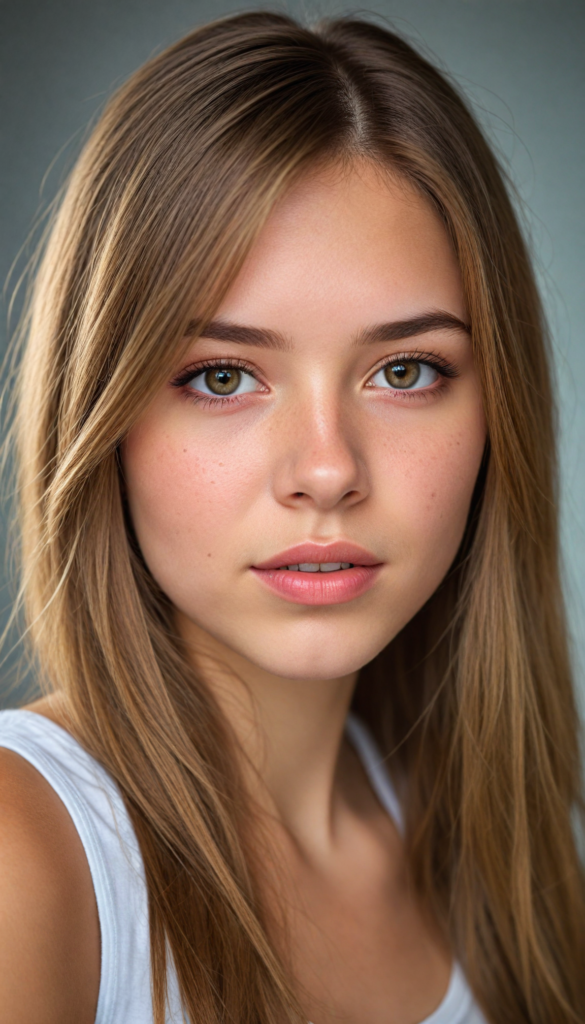 a very detailed and realistic portrait of a (cute teen girl), (long yet straight light brown hair), (realistic detailed brown eyes), (full kissable lips), (realistic detailed, light amber eyes), (face illuminated), (wearing a very low cut (white tank top) made on fine wool), perfect curved fit body