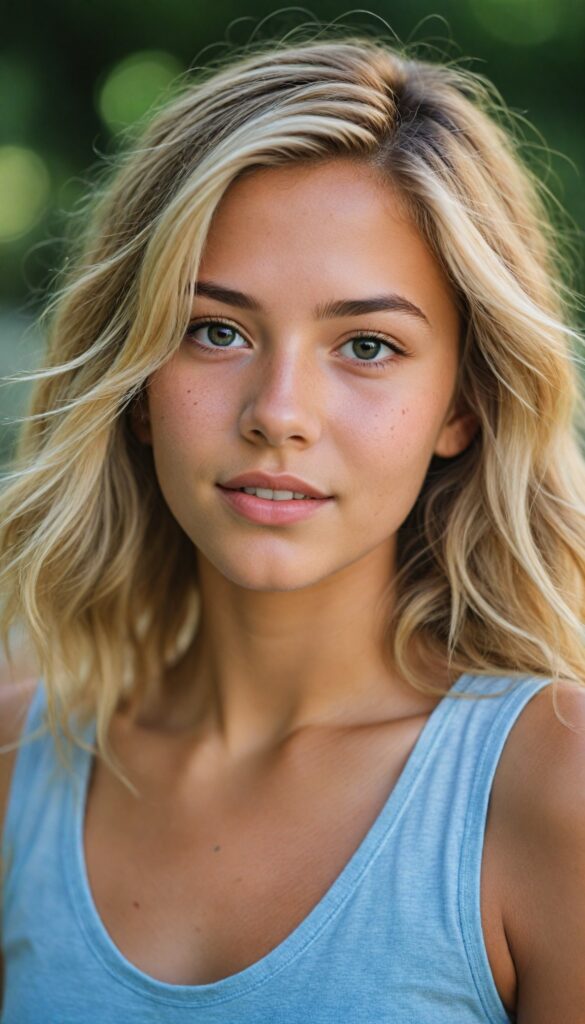 visualize a (tanned tomboy petite Exotic teen girl) with long, (realistically detailed summer blond hair), posed in a (cinematic light setup) for a portrait shot, her face radiant with joy, featuring a (flawlessly detailed round face), a (short form-fitting cropped plain tank top), which beautifully showcases her perfect physique, with (realistic details), such as a (curvy yet toned silhouette), beach in backdrop