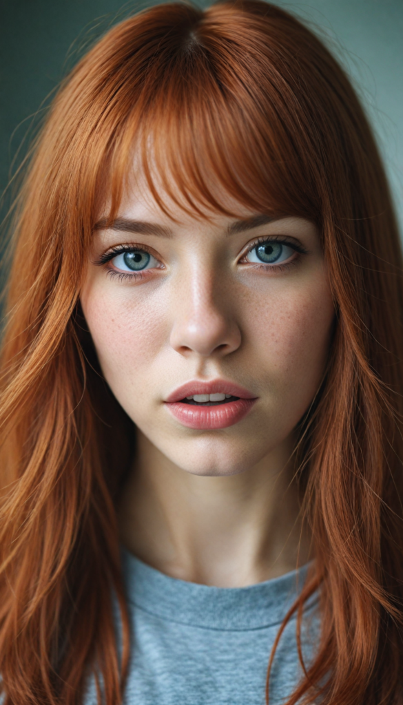 a stunningly detailed (photograph) representing a (girl) with intricate, realistically drawn features like dynamically detailed straight long flowing red hair with bangs framing her face, full lips, eyes looking seductively with mouth slightly open, striking realistic and detailed eyes all against a sophisticated, softly lit (background) where she wears a modern minimalist grey t-shirt