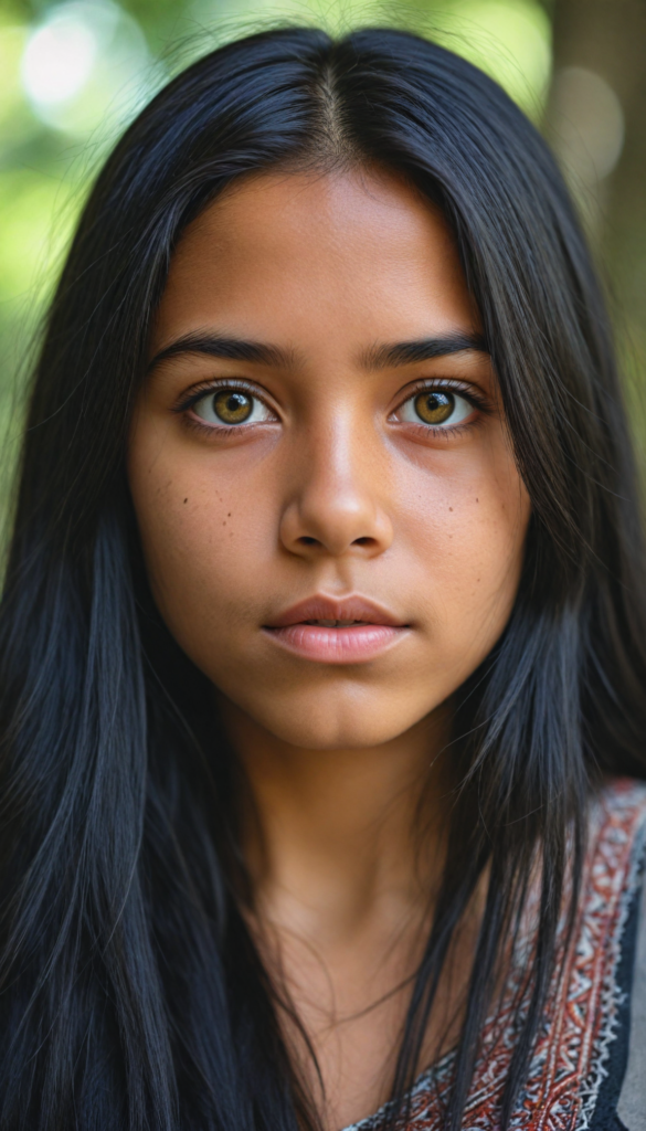 super realistic, 4k, detailed face, cute young Indigenous girl, long obsidian black straight soft hair, looks at the camera, portrait shot, super realistic amber eyes