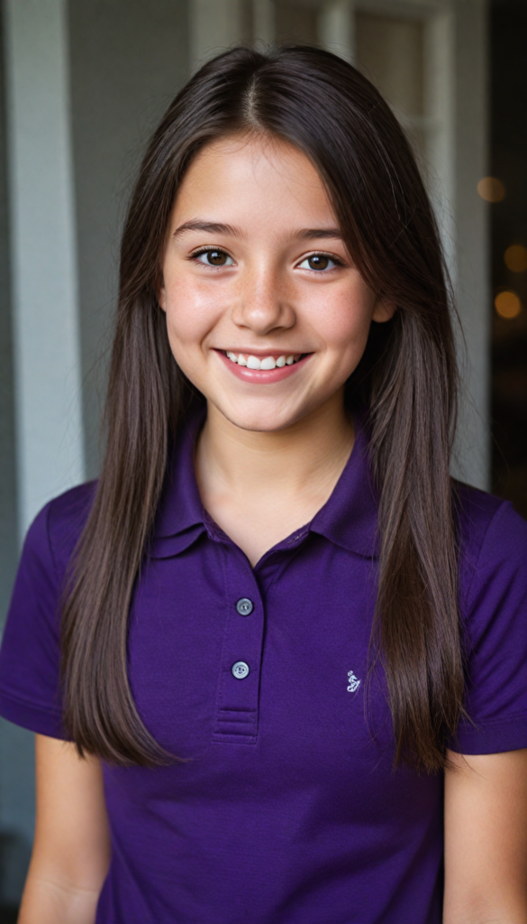 a smiling young girl in short-sleeved dark purple short polo shirt, her high collar is fully buttoned up and the collar is firm around her neck, wearing jeans, straight long jet hair dyed purple