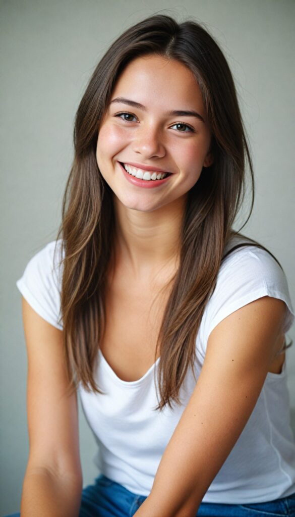 a breathtakingly detailed and hyper realistic (professional photograph) of a young teen girl with straight, silky jet brown soft hair cascading down her shoulders, round face, full lips, smile, white teeth despite its perfect length and texture suggesting advanced age, paired with a minimalist (white short sleeve tank top)