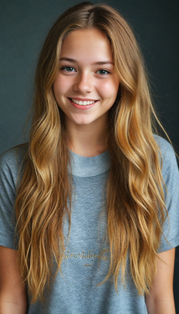 a cute detailed and realistic teen girl, detailed long gold full hair, warm smile, full portrait, (grey fine t-shirt), (gorgeous) (stunning) (model)