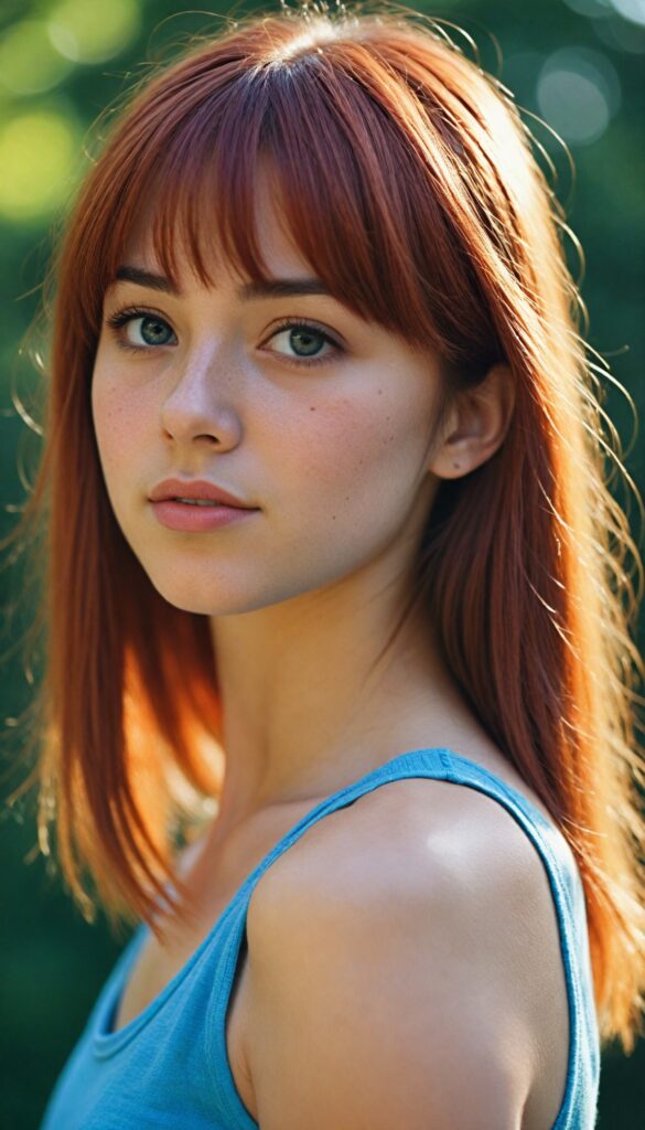 an upper body portrait from, a (teen girl with bangs cut), (vividly drawn long, straight soft red hair) that reflects the light, is depicted with exquisite detail, her face softly angelic yet realistically defined, big round eyes, wearing a (super short, sleek blue tank top) against a sunny backdrop, (side view)