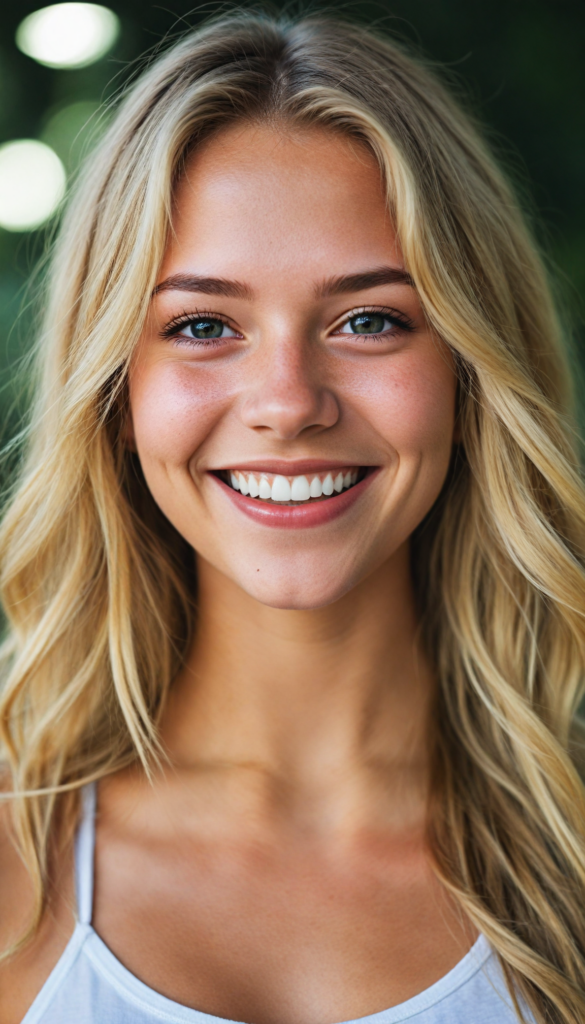 a beautifully detailed portrait, highlighting the upper body of a youthful girl with a flawless figure, dressed in a (low-cut crop top), smile very happy, white teeth, detailed round face, long straight summer blond hair