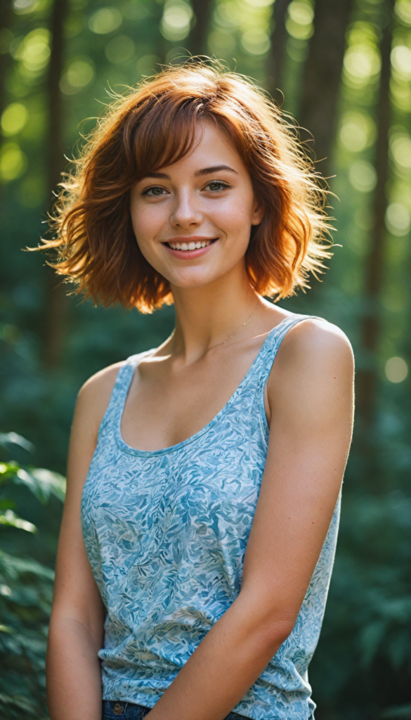 a stunning teenage girl with rich auburn hair cut into stylish bob bangs, wearing a chic, form-fitting tank top that contrasts beautifully with the soft, dappled light filtering through a lush, natural forest background; her radiant smile exudes pure joy and warmth, capturing the essence of a sunlit afternoon; details of delicate sunbeams dancing around her, giving a magical aura, evoking a blend of vibrant realism and whimsical charm reminiscent of a contemporary portrait painting.