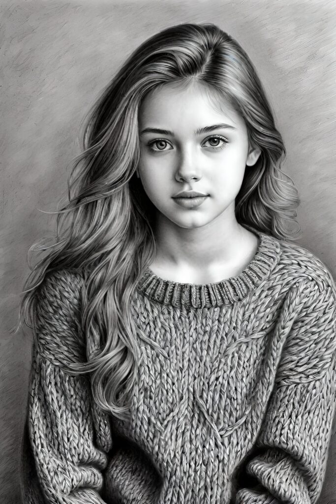 super realistic, detailed, ((gorgeous)) ((stunning)) cute young breasted girl, full portrait, 18 years old, pencil drawing, thin wool sweater