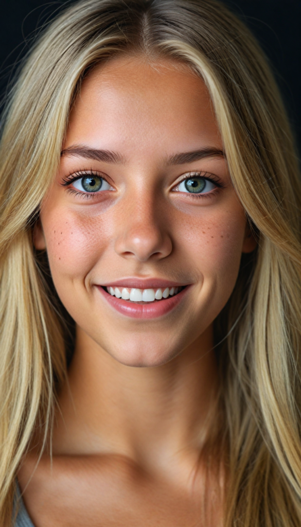 a stunning and gorgeous detailed, realistic portrait from a beautiful young happy tanned girl, long straight soft blonde hair, (grey crop top), black backdrop