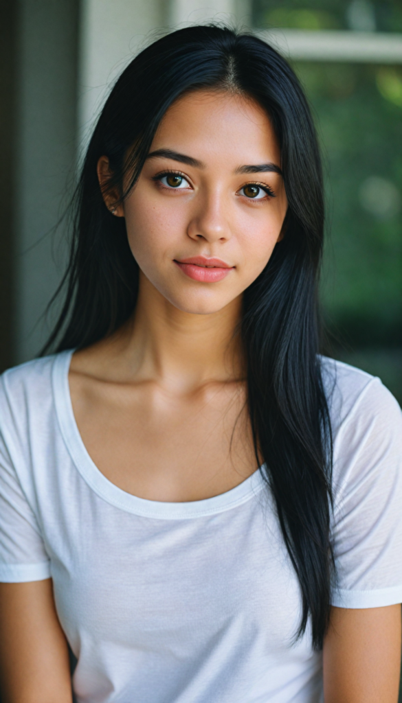 a beautifully realistic upper-body portrait, cinematic lights, from an Exotic teen girl, realistic detailed angelic round face, full lips, (realistic detailed eye) look at the camera, portrait shot, wears a short (white t-shirt), white background, side perspective, (cute), (elegant), (attractive), (long, straight soft ravenblack hair), (stunning) (gorgeous)