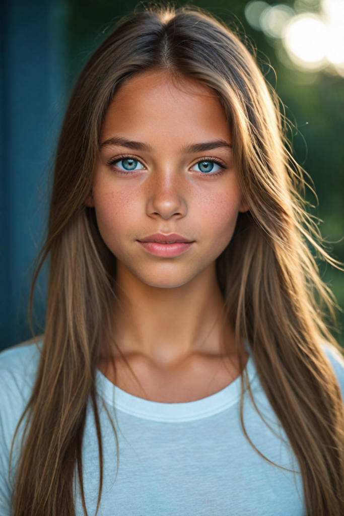 a (detailed portrait) from a tanned (young innocent girl), round, angelic face, flawless soft skin, long soft straight light brown hair, white t-shirt, light blue eyes, (full kissable lips)