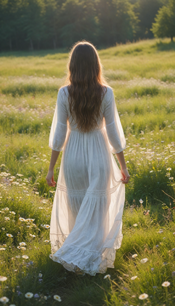 a young girl with soft long straight hair cascading down her back, stands in front of viewer in a sun-drenched meadow filled with wildflowers. The scene is infused with an ethereal glow, reminiscent of a dreamy impressionist painting. The girl wears a flowing white dress.