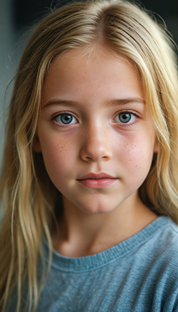 a beautiful young girl with golden blonde hair, looks sweetly into the camera