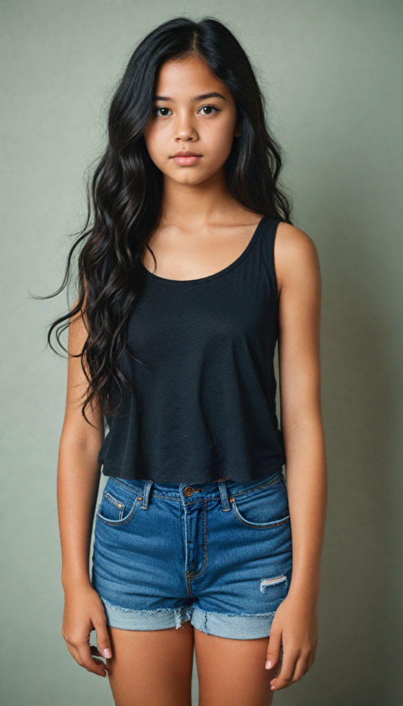 a (super realistic and highly detailed full-body photo), capturing a (beautiful and innocent young girl) with (very long, thick, wavy black hair), cropped tank top