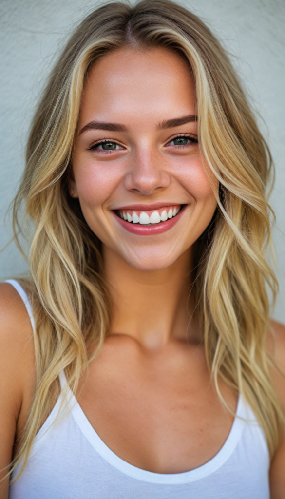 a beautifully detailed portrait, highlighting the upper body of a youthful girl with a flawless figure, dressed in a (low-cut crop top), smile very happy, white teeth, detailed round face, long straight summer blond hair