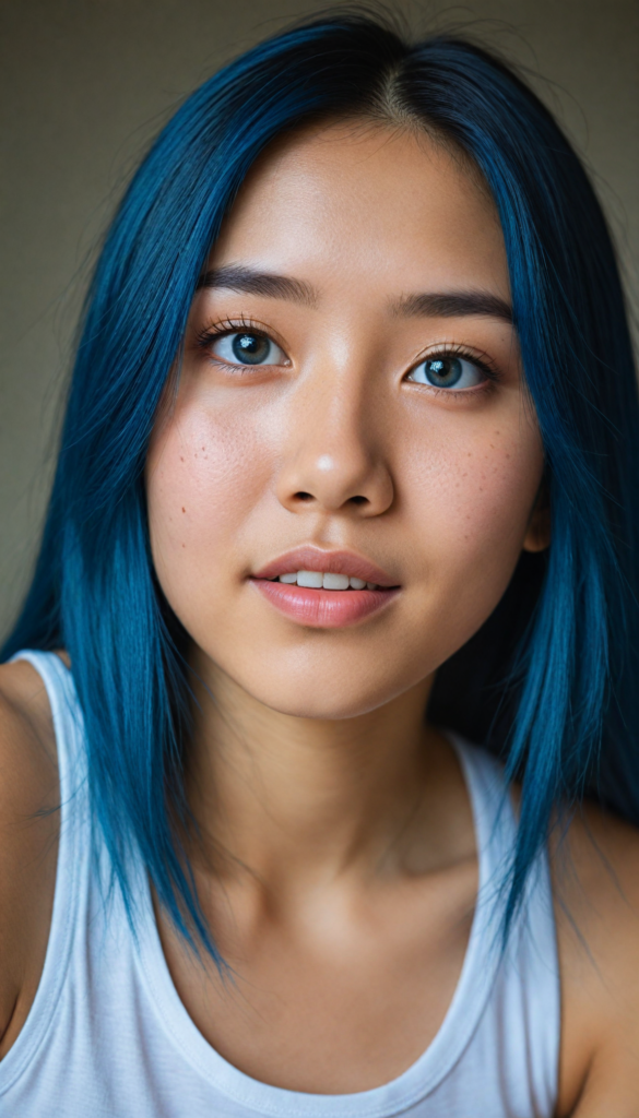 super realistic, detailed portrait, a beautiful young Asian girl with long blue soft straight detailed hair looks sweetly into the camera, realistic beautiful round eyes, she wears a white tank top, side view