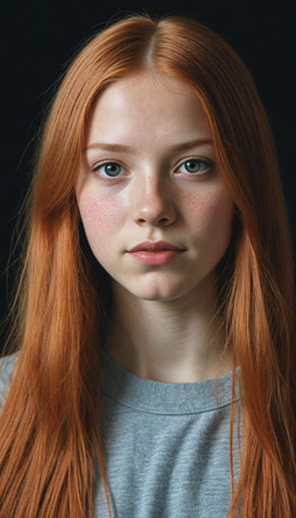 (portrait), detailed pencil drawing, silvery-skinned (young teen girl), long straight red hair (black background)