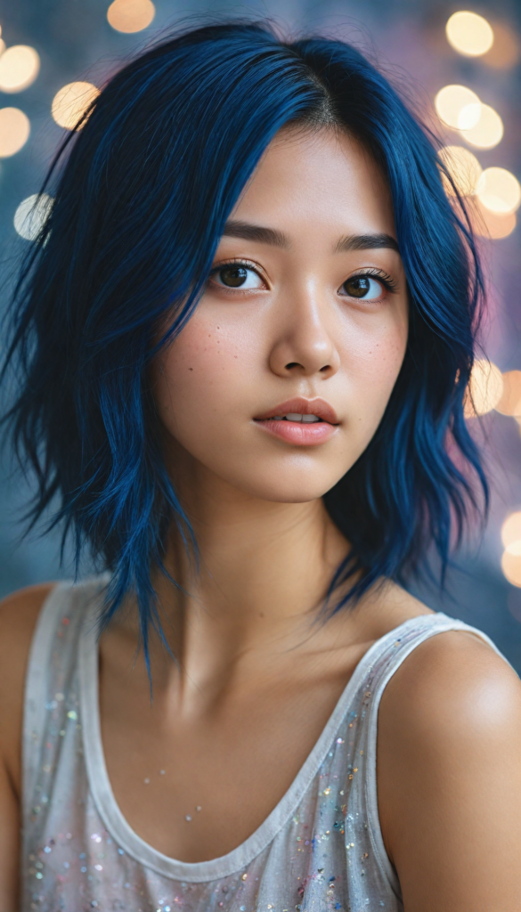 hyper-realistic, intricately detailed portrait of a captivating young Asian girl with flowing, iridescent dark blue hair that glimmers like the night sky. She gazes softly into the camera, her expression embodying a blend of innocence and curiosity. Adorned in a delicate, sheer white tank top that subtly catches the light, the background features a dreamy bokeh of soft pastel colors, creating an ethereal atmosphere. Incorporate elements of watercolor splashes and shimmering glitter for a magical touch, reminiscent of contemporary fantasy art styles.