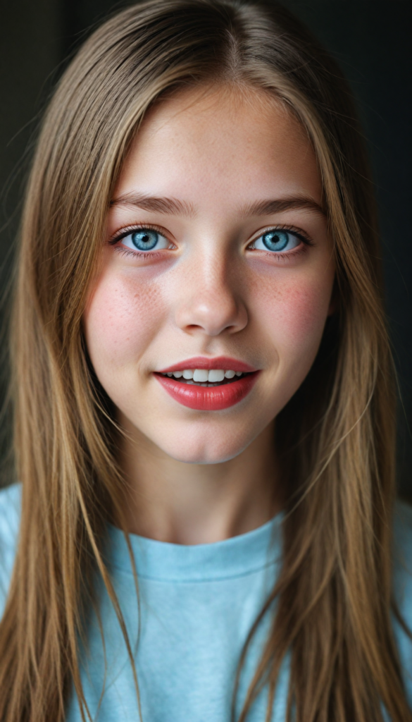 a (detailed portrait) from a silvery-skinned (young innocent girl), long soft straight light brown hair, white t-shirt, light blue eyes, (full red lips), mouth slightly open, white teeth