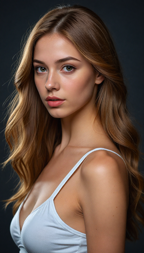 create a 3D image: of a gorgeous, stunning young girl, long, straight and smooth hazelnut hair, wears a short crop top, (full lips) perfect shadows and lights, (black background) (full body)