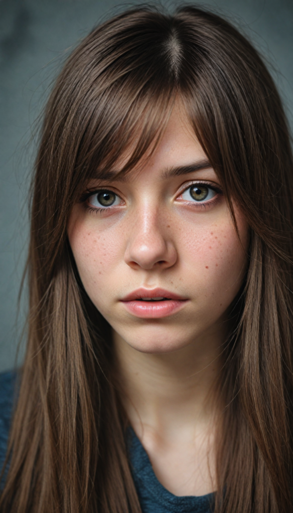 a (stunningly drawn teen emo girl) with (incredibly long, soft brown straight hair), framed by a (vividly gray backdrop), tears streaming down her face, reflecting a (sad expression) that suggests the weight of the world resting on her shoulders, amber eyes